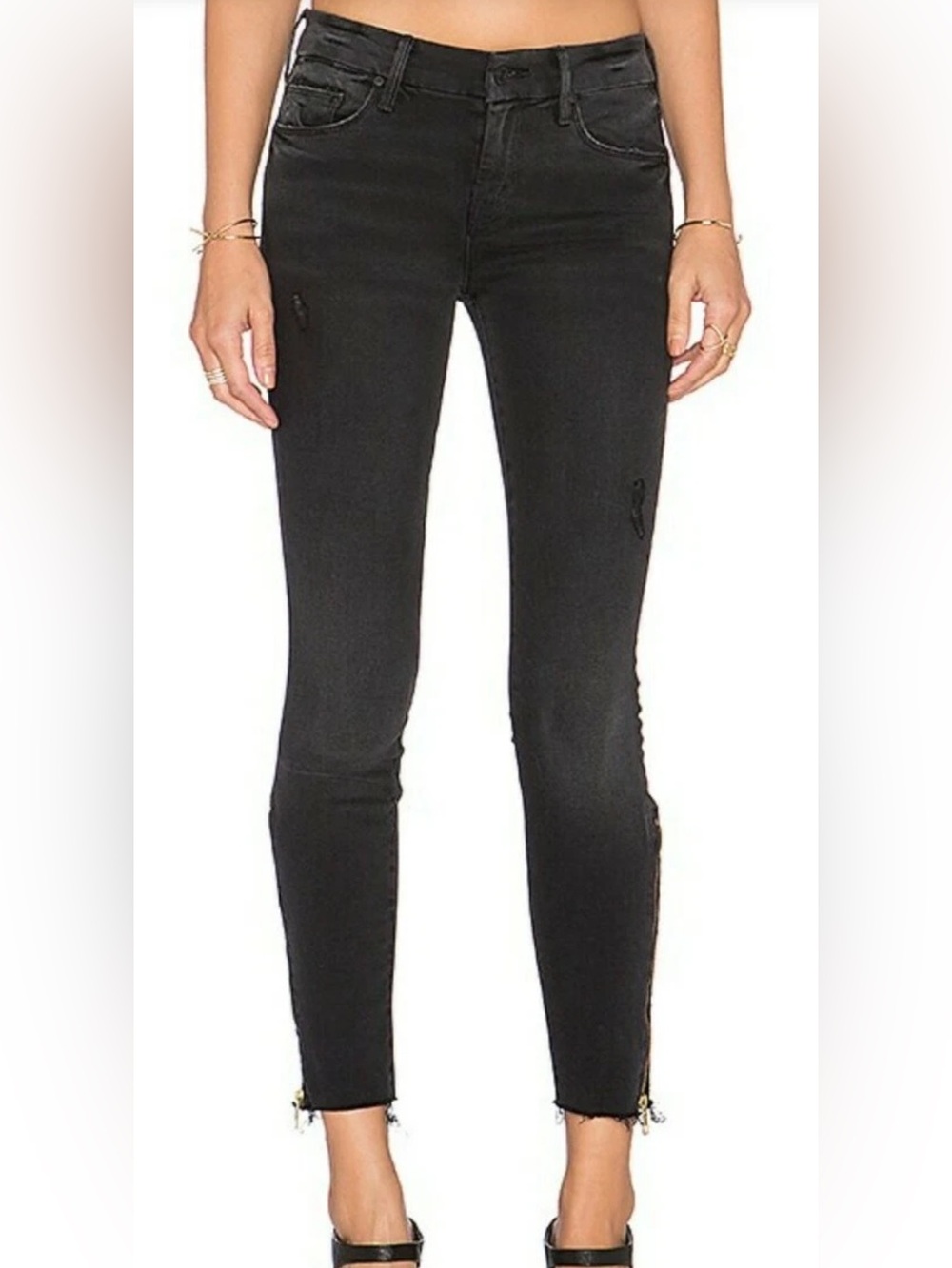 MOTHER Black Looker Zip Fray Skinny Jeans